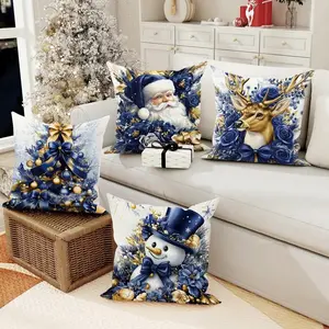4-Piece Christmas Pillow Covers Set, Single-Sided Print Decorative Pillows, Sofa Cushion, 45x45cm (17.72x17.72 Inch), Tree, Snowman, Reindeer, Santa Claus Design