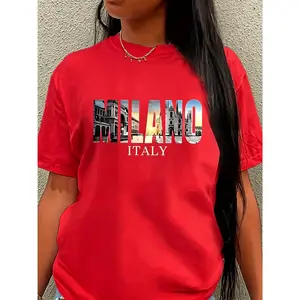 100% cotton, Milanese Italian geometric print women's casual sports T-shirt, round neck, short sleeves, stretchy, mature style, suitable for spring, summer, and autumn, an ideal Christmas gift