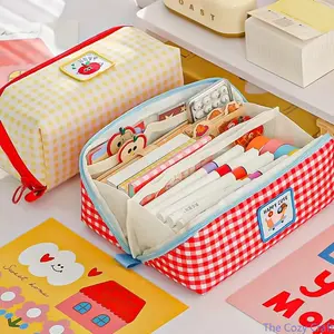 Cute Aesthetic Large Capacity Pencil Case, Grid Pattern Pencil Pouch for School Students, Transparent Style Stationery Organizer Bag, Cartoon Inspired Pen Case for Teens, Everyday School Use