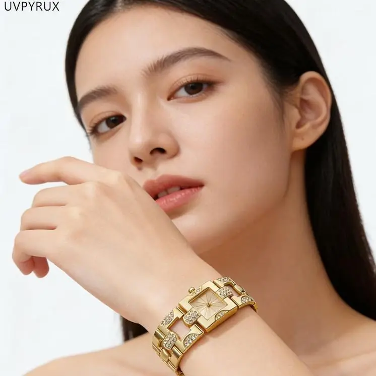 Women's Dainty Gold Vintage Analog Fashion Watch - Gold Alloy Quartz, Crystal-Studded Square Dial Bracelet Jewelry Watch, Dainty Gold Watch
