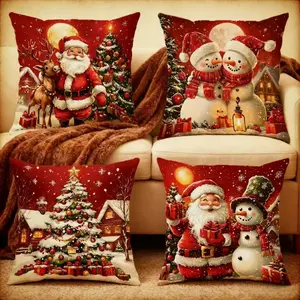 4pcs Christmas Happy Decoration Pillow Covers, Cotton Linen Pillows, Snowman Reindeer Gloves Tree Cushion Cases, Cushion Slipcovers, Home Decor