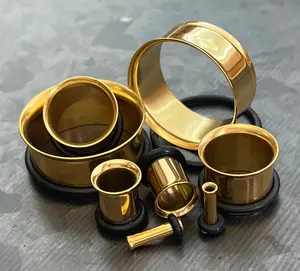 PAIR of Stunning Gold PVD Plated 316L Surgical Steel Single Flare Tunnels/Plugs with O-Rings - Gauges 12g (2mm) thru 1" (25mm)