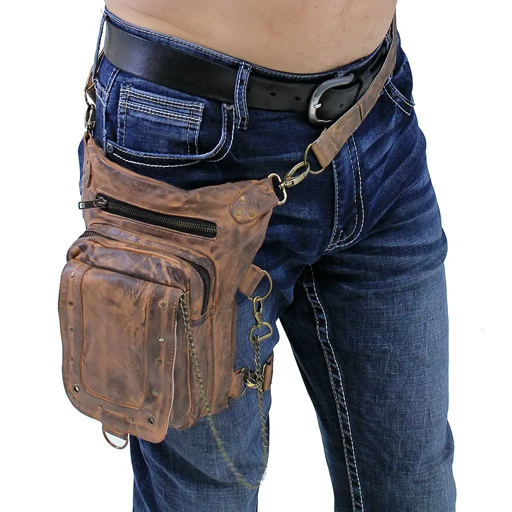 Jamin Leather® Vintage Brown Cowhide Leather Thigh Bag w/Concealed Pocket, Adjustable Strap, Chain Coin Purse #TBA5734N