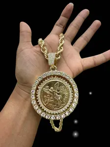 14K Gold Plated 50 Pesos Mexican Coin Centenario Pendant 3" Cubic Zirconia Spinner Gold with Rope Chain 24" 8mm Fashion Chain Unisex Men Jewelry for All Occasions