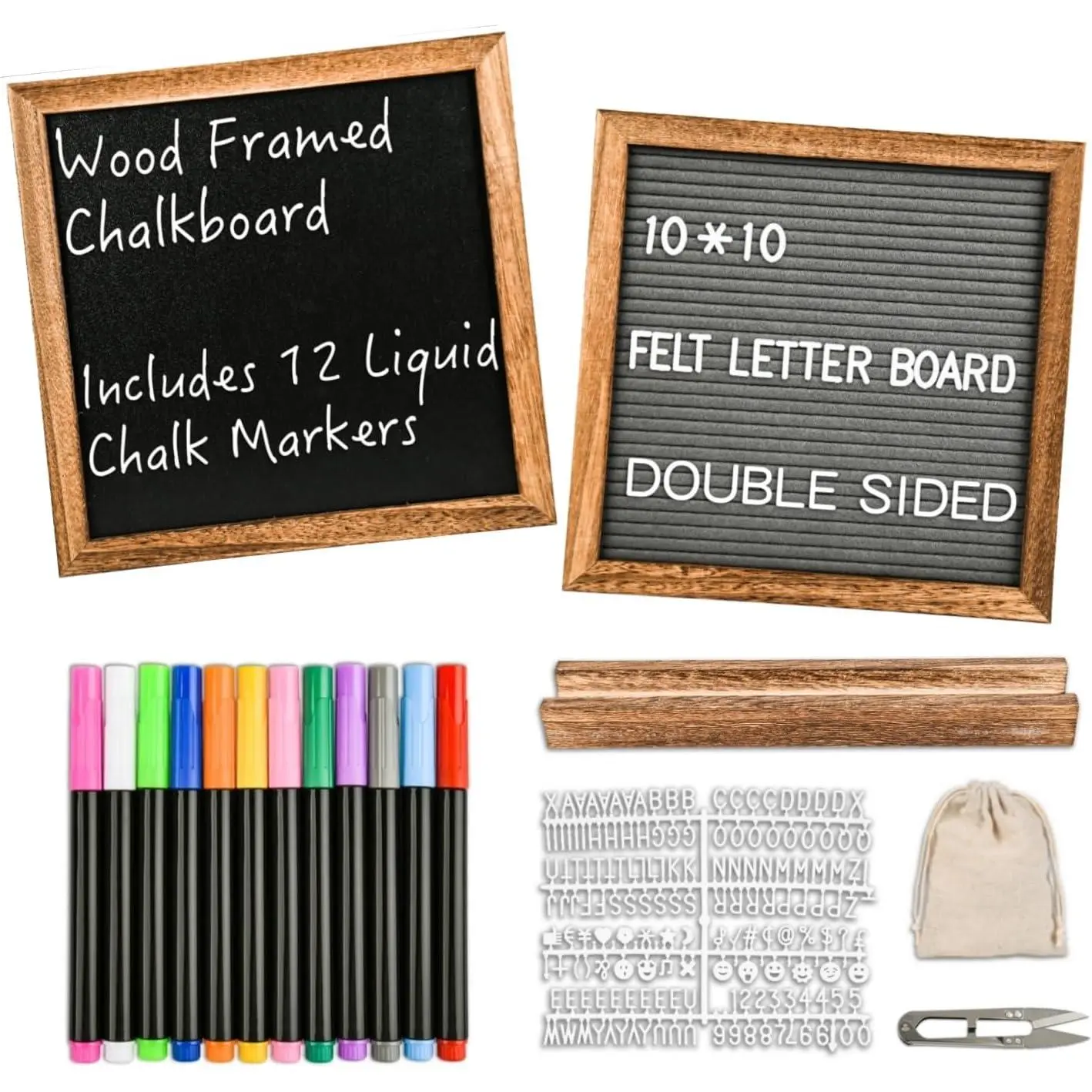 10" x 10" Double Sided Chalkboard Sign with Stand, Small Chalk Board Blackboard  Frame Felt Letter Board with 12 Chalk Markers and 340 Letters (Brown)