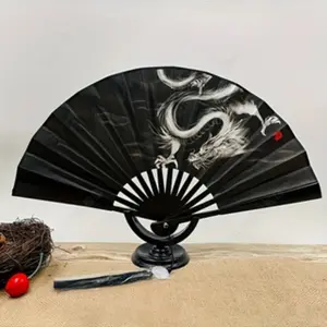Chinese Dragon Pattern Folding Fan, Boho Style Wooden Hand Fan with Tassel Pendant, Vintage-Style Portable Dance Fan for Decoration & Performance