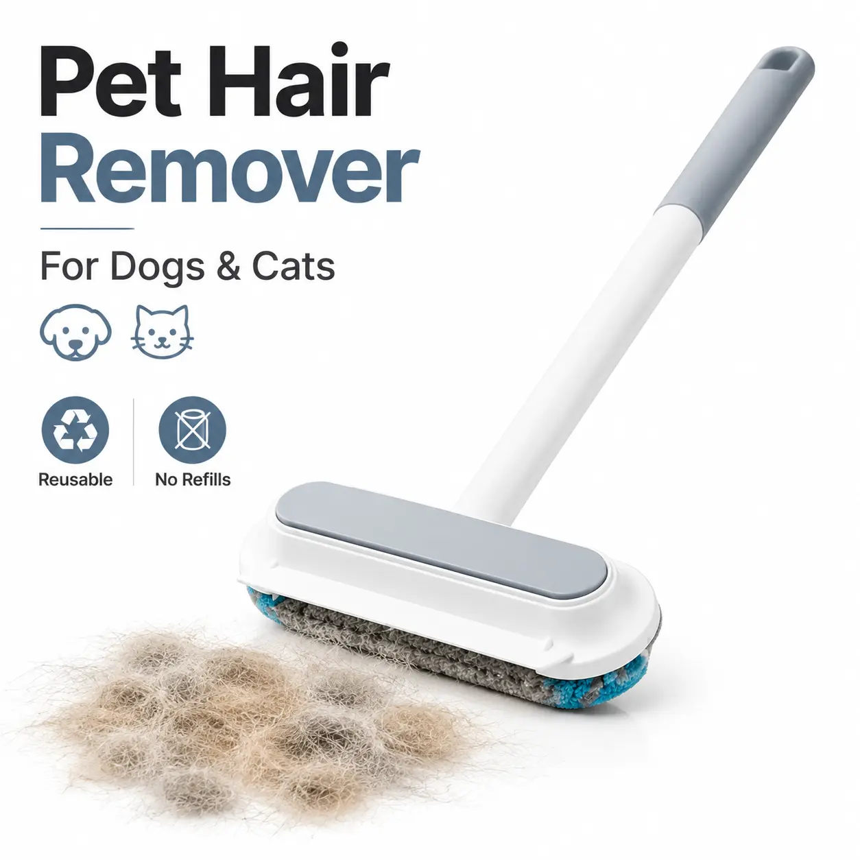 Long-Handle Pet Hair Remover for Dogs & Cats, Reusable Manual Fur Cleaning Tool for Sofas, Carpets, Pet Beds and Car Seats