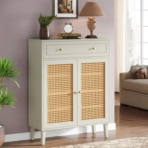 Tribesigns Mint Green Storage Cabinet, Modern Sideboard with Adjustable Shelves, Rattan Panels & Drawer