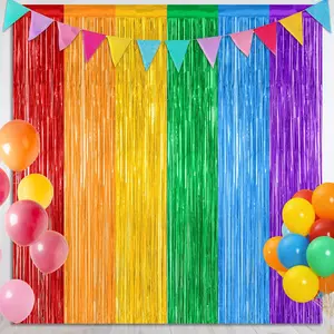 2PCS 2M Rainbow Backdrop Curtains Colofull Party Decorations Metallic Tinsel Backdrop Fringe Curtains Party Streamer Rainbow Party Supplies for Wedding Birthday Party Engagement