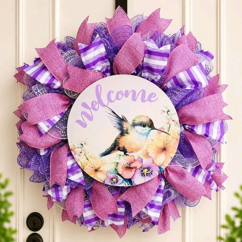 Hummingbird Floral Spring Wreath, Pink Purple Door Decor, Cottagecore Welcome Sign