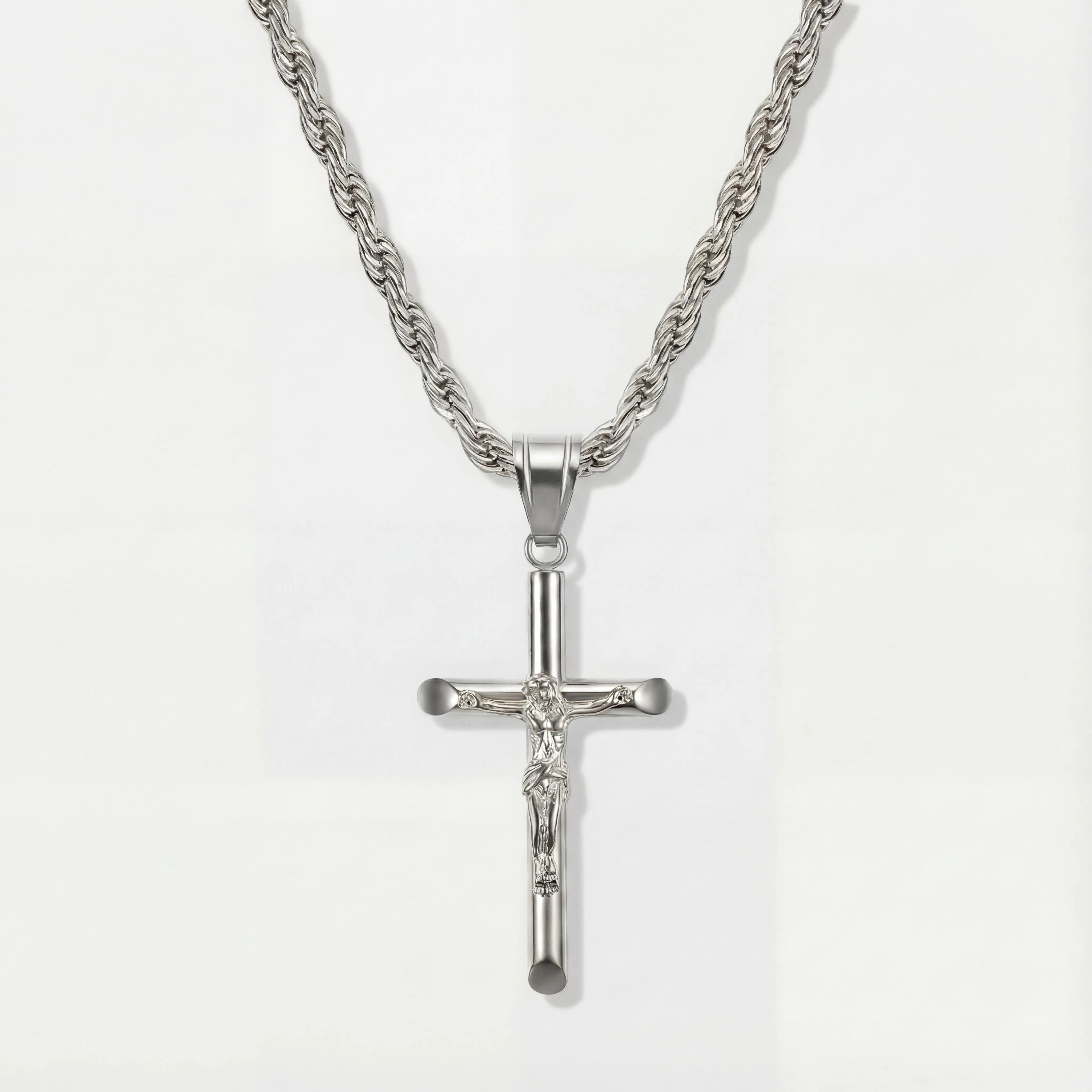 IMPERIUM JEWELRY Unisex 4mm Flexible Silver Rope Costume Necklace - Crucifix, Cross Ornament, Religious Design Piece for Daily Wear, Religious Gift Accessory, Crucifix Necklaces, Cross Ornament Necklaces