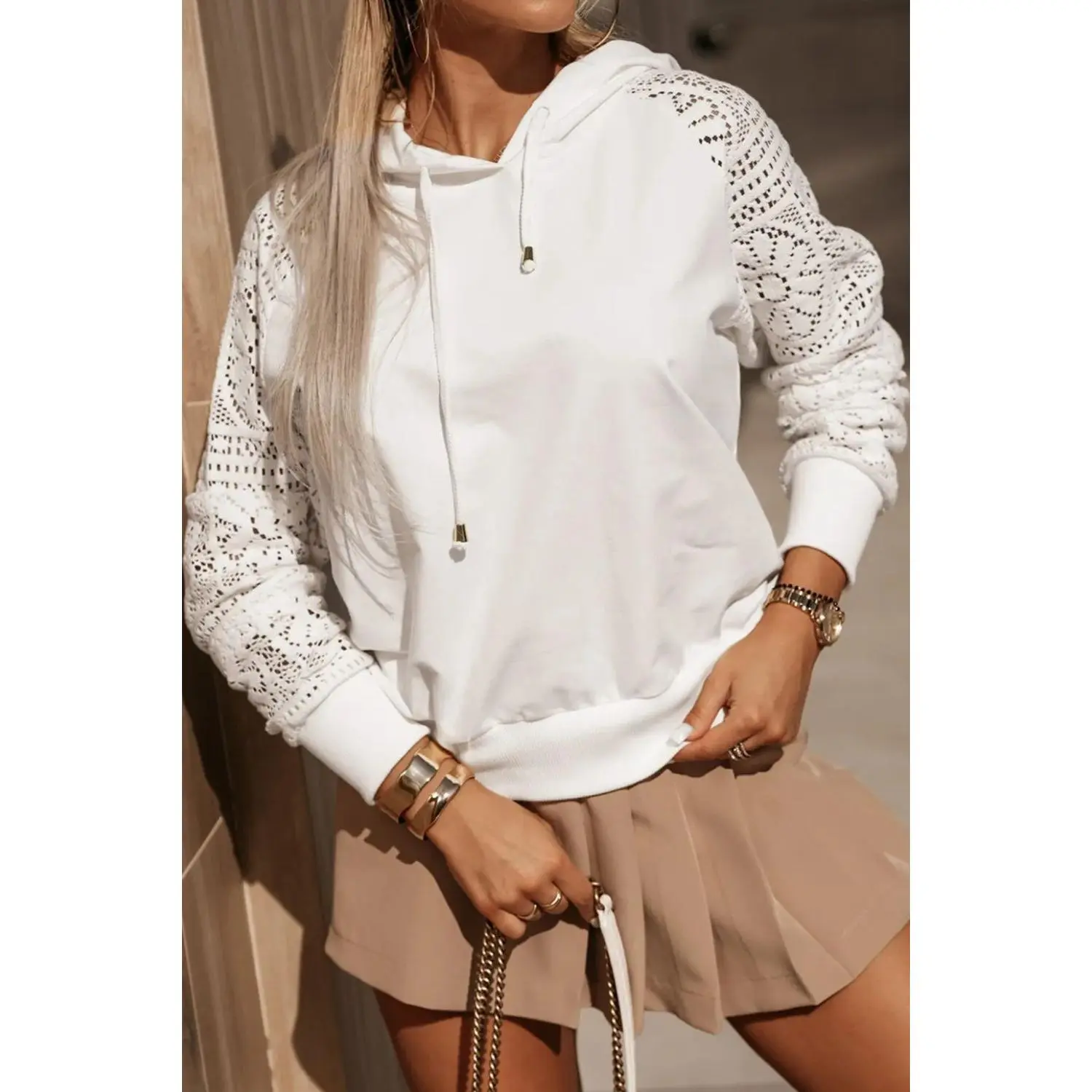 Floral Lace Long Sleeved Women's Hoodie w Drawstring Elastic Cuffs