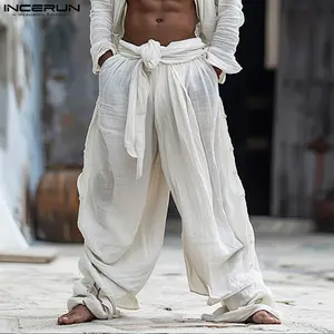 INCERUN * Mens Pants Solid Color Elastic Waist Loose Joggers Lace Up Trousers Fashion Casual Long Pants