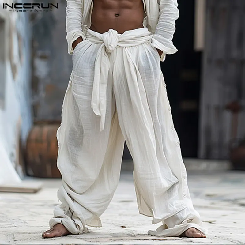 INCERUN Men's Casual Jogging Pants - Athleisure, Extra-Large, Lace-Up, Comfy Basics with Simple Fabric, Elastic Waist, Baggy Loose Solid Color Long Men's Bottoms, Athleisure Men's Pants, Extra-Large Men's Pants