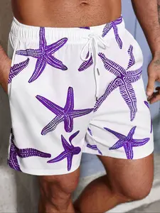 Men's Human Design Zipper Waist Belt Pocket Beach Shorts, Starfish Pattern Swim Trunks, Casual Daily Wear Outdoor Shorts, Swimming Shorts, Swimwear Shorts