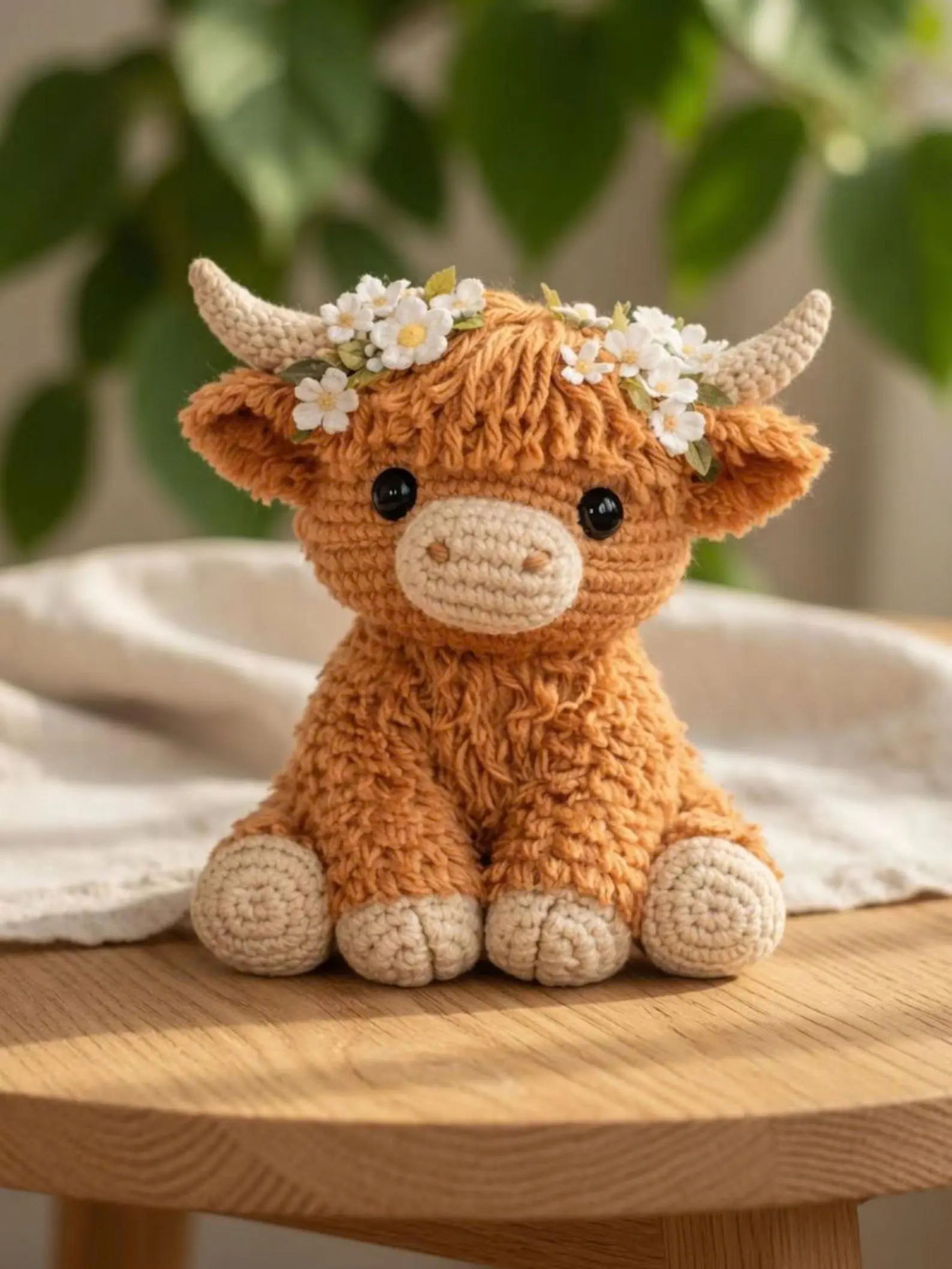 Highland Cow Crochet Plush, Handmade Amigurumi Cow Doll, Floral Highland Cow Stuffed Animal, Farmhouse Gift