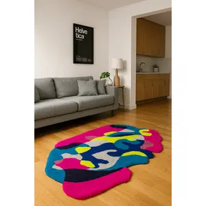 Blue Blobs Statement Rug - Vibrant Purple Lavender Blue Hues with Neon Yellow Accents Modern Home Decor Unique Design for Living Room