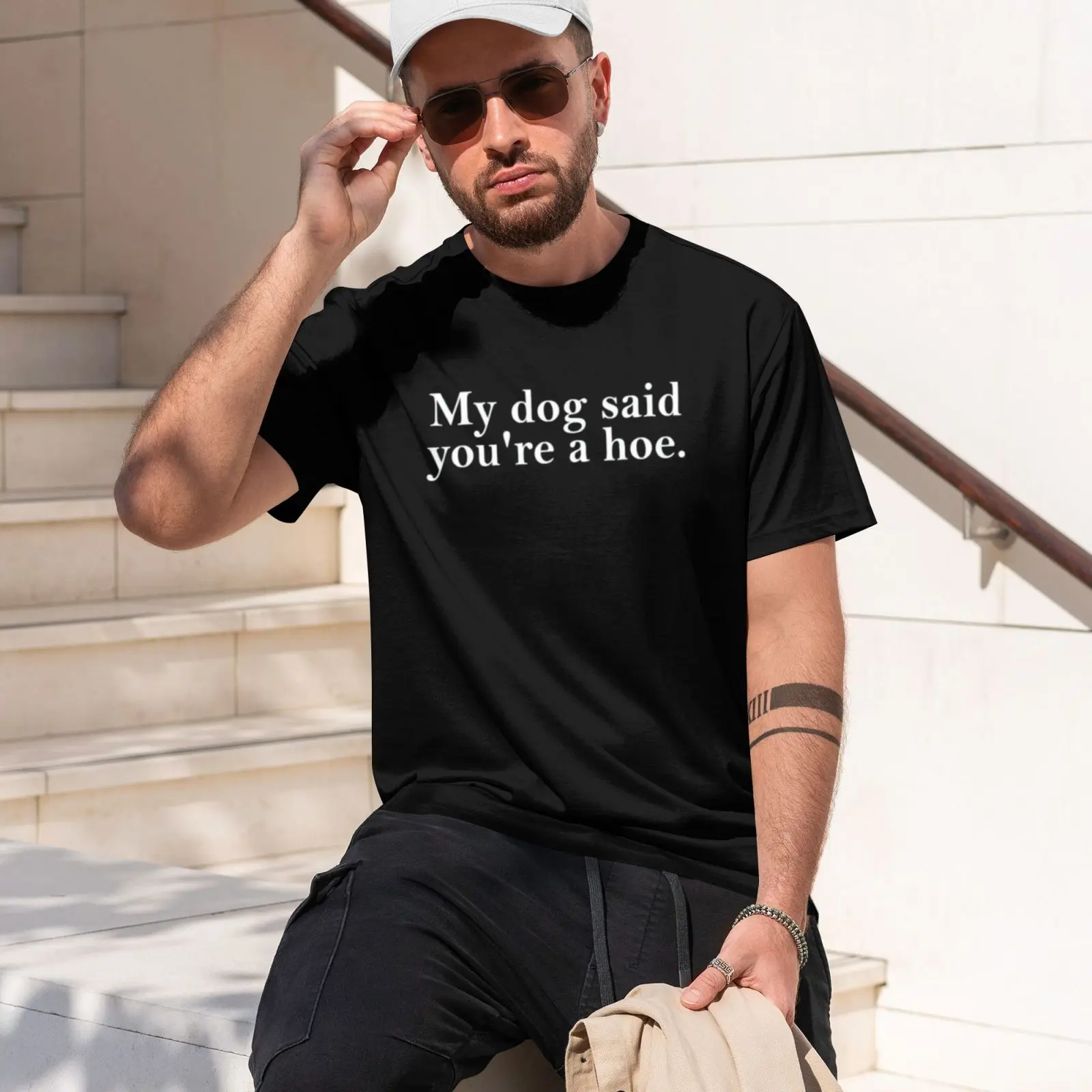 Unisex Cotton Short-Sleeve Round Neck Sports Top - Soft Loose Oversized Fit, Sarcastic "My Dog Said You're A Hoe" Graphic, Pet Lover Gift, Beach Outdoor Everyday Tops