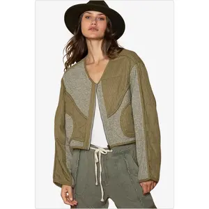Quilted Knit Patch Jacket with Viding Detail in Olive
