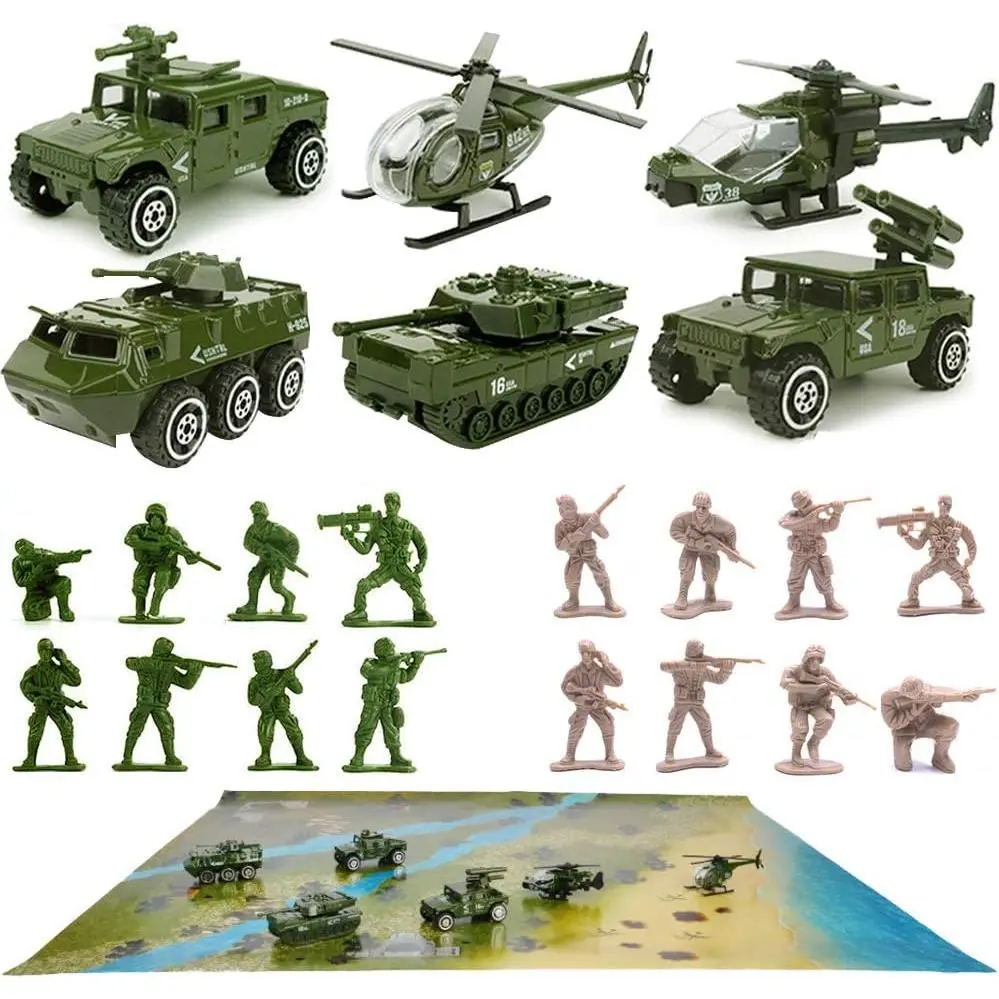 L-MTS0027 23-Pack Die-Cast Military Vehicles Playset - Alloy Metal Diecast Models, 16-Pack Army Soldiers, Playmat, Mini Tank, Helicopter for Kids Boys