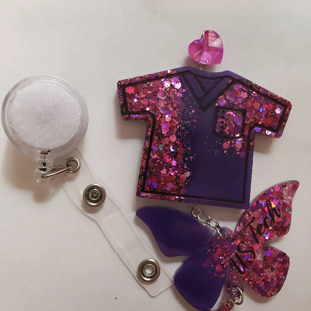 Retractable Identification Badge with Purple Glitter, Pink Heart Charm and Butterfly Attachments for Office Supplies