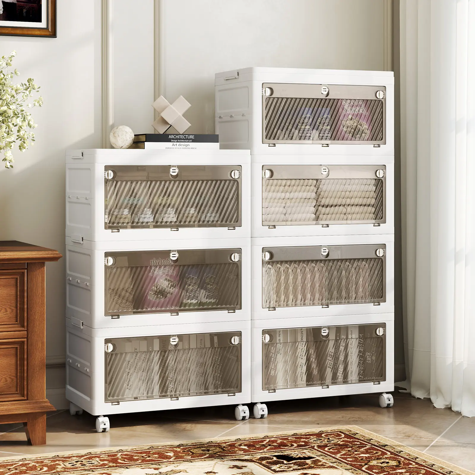 COSTWAY - 44 Gal 4-Pack Stackable Plastic Storage Bins with Lid for Bedroom Living Room-White