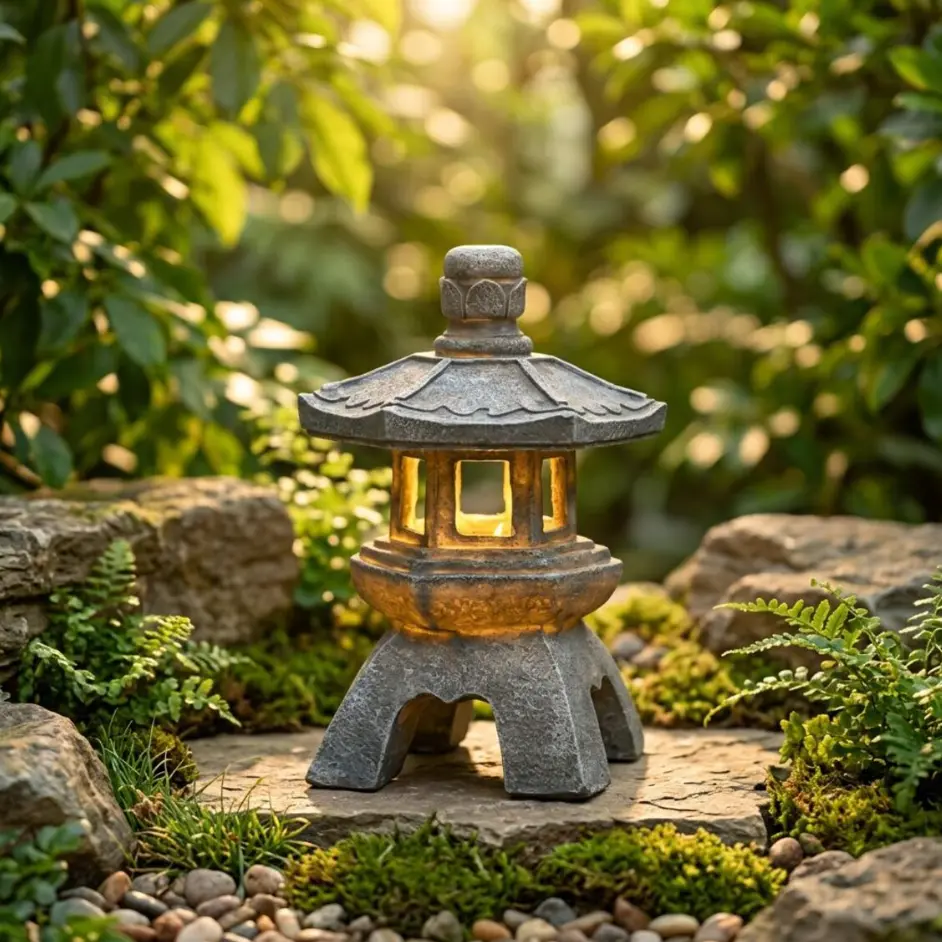 Solar Pagoda Lantern Statue Outdoor Zen Garden Decor Japanese Asian Style Light Resin Stone Look Sculpture Landscape Decorative Patio Deck Porch Balcony Ornament Backyard Clearance Pathway Lighting Mother Day Housewarming Gift Buddha Spiritual Meditate