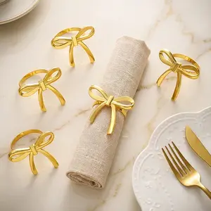 For Wedding, Dinner Party & Banquet Table Setting, Table Decoration Upgrade Solution, 12 Gold Bow Napkin Rings, Exquisite Table Decor Items, Effortlessly Create Upscale Banquet Atmosphere, Party Table Decor Supplies