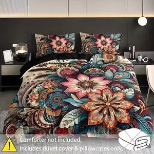 Bohemian mandala floral 3-piece bedding set includes 1 duvet cover and pillowcases, no duvet insert or pillow inserts included, soft and comfortable for all seasons, machine washable, an exquisite gift for friends and family.