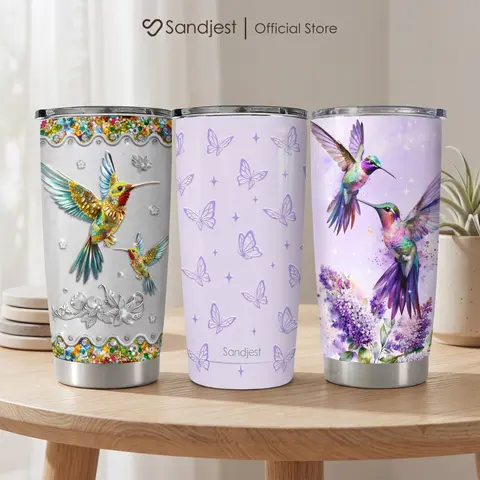 SANDJEST 20oz Hummingbird & Purple Butterflies Thermal Tumbler with Lid, Double Wall Vacuum Insulated Stainless Steel Flask, Cup Holder Friendly for Home & Travel, Perfect for Iced Coffee Matcha Hot/Cold Drinks, Birthday Christmas Gift