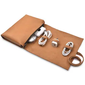 NUTUCH Leather Cable Cord Organizer Roll | Tech Bag | Zipper Travel Accessory Pouch | Electric Organizer Case Travel Bag | Cord Cable Pouch