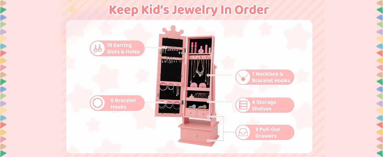 [Costway]-  Kids Jewelry Armoire Cabinet, Wooden Standing Jewelry Organizer with Full-length Mirror and Storage Drawers, gifts birthday,Christmas Festival Gift Black Friday Cyber Monday