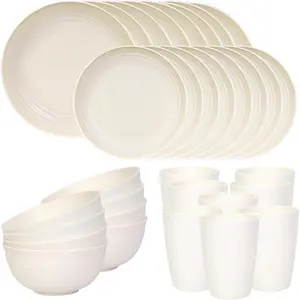 16 Piece Plates and Bowls Sets for 4, Unbreakable Dinnerware Sets, Plastic Dish Set for Camping, Dishwasher Microwave Safe, Outdoor Kitchen and Apartment Dinning RV Essentials, Black