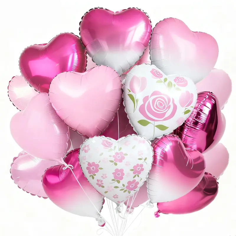 PartyWoo 15pc Party Set - 15 Pieces 18 Inches Heart-Shaped Rose Print Foil Balloons, Pink White Hot Pink, Wedding Love Romantic Event Balloon Arch Decor