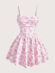 💖 Women’s Floral Ruffle Dress | Pink Flower Spaghetti Strap Mini Dress for Parties, Birthdays & Garden Events ✨