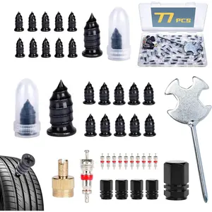 Tire Repair Kit with 60 Screw in Plugs, 1 Valve Core Tool, 10 Valve Cores, 5 Dust Caps, 1 Multifunction Screwdriver Tubeless Flat Tire Plug Kit for Car, Truck, Motorcycle Trailer