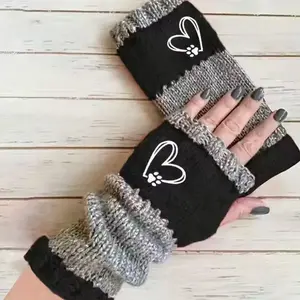 Stretchable Warm Autumn Winter Knitted Fingerless Gloves 1 Pair Color Block Embroidery Vintage Style for Weekend Leisure Hand Wash Only