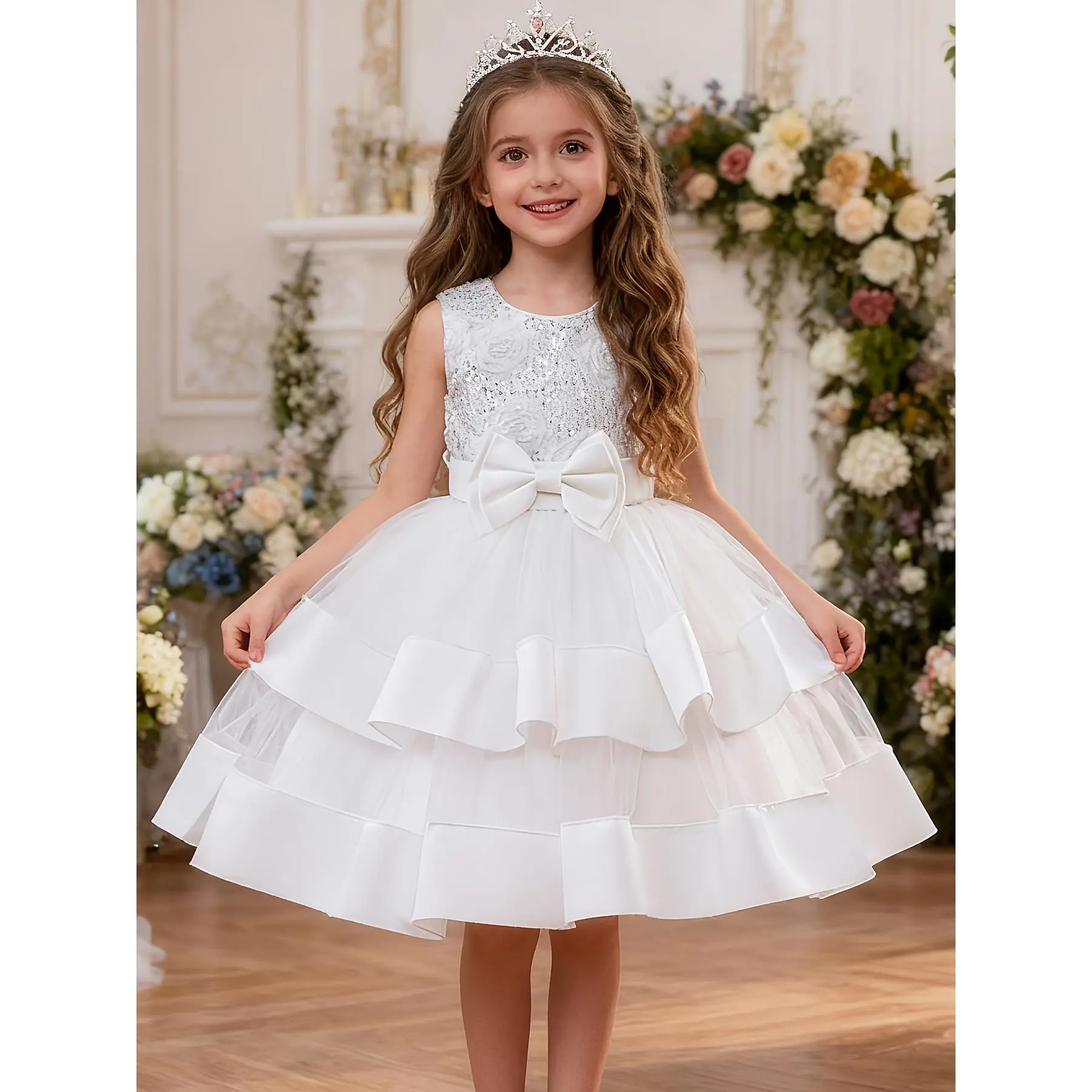 Girls' Princess Dress, Sleeveless Formal Party Gown with Sequin Bodice, 3D Embroidery, Waist Bow, and Layered Skirt, All Seasons, Princess Look