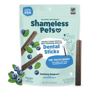 Shameless Pets Blueberry & Mint Dental Chews for Dogs, 8 Chews - Natural Dog Teeth Cleaning Treats with Fresh Breath Benefits | Grain-Free Dental Sticks for Small, Medium & Large Dogs