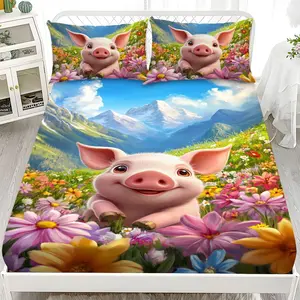 Fitted sheet and pillowcase set (3 pieces) - 2D Flat Printing Pig in Flower Field Patterned mattress protector set in ten sizes (1 fitted sheet + 2 pillowcases, without inserts), soft and comfortable bed sheets and bedding, suitable for home bedrooms.