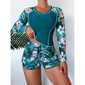 Summer Beach Tropical Print Shorts Rashguard With Long Sleeve