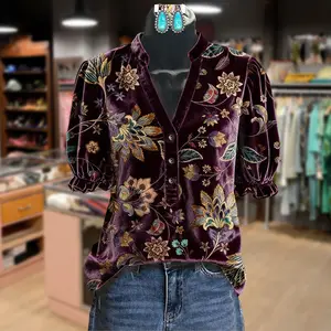 Cherrybetty Vintage Floral Print V-Neck Puff Sleeve Velvet Top Winter Outfits For Women Elegant Outfits Going Out Tops Plus Size Clothes  Outfits For Women Shirts For Women