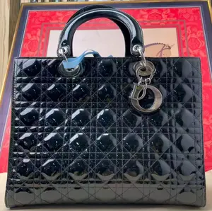 Pre-owned Dior Authentic Black Lady Patent Leather Silver Hardware Handbag