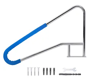 GARVEE Swimming Pool Handrails 55" x 32" Pool Railings for Inground Pools, 304 Stainless Steel Load Capacity 385 LBS, Non-Slip Pool Handrail with Blue Handle Covers and Quick Install Fittings