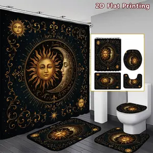 4PCS Sun and Moon Shower Curtain set, Dark Blue with Golden Sun Moon Pattern Bathroom Decor, Accessories with Bath Mat, U-shaped Mat, Toilet Lid Cover, 12 Hooks 180x180cm Curtain, Celestial Art, Home Decor, bathroom accessories