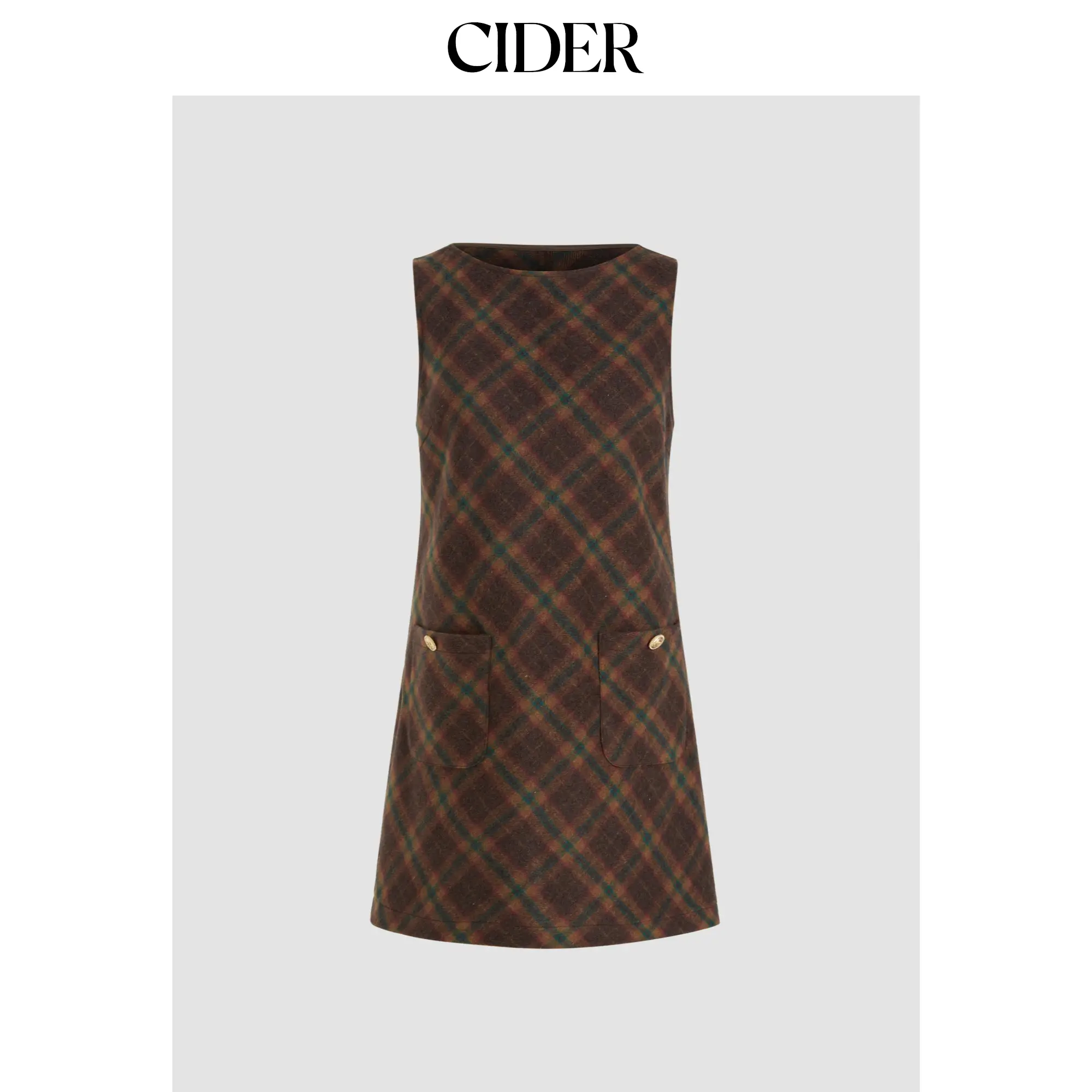 Cider Wool-look Boat Neck Tartan Pocket Mini Dress