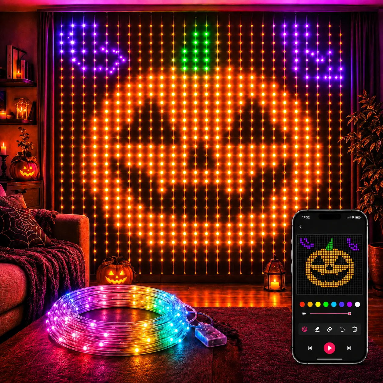 Halloween Spooky Pumpkin Design LED Curtain Lights - Colorful Photo-Worthy Ambient Glow Indoor Decor for Bedroom, Party, Seasonal Use, Indoor Use