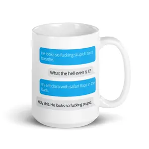 I Think You Should Leave Fedora Mug, Text Convo about Mug, ITYSL Insider Trading Fedora Mug, 11oz Tea Cup, 15oz Coffee Mug, Kitchen Drinkware, Gift for Friend