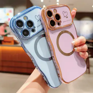 [Free!!Ship!] MagSafe Cute Wave Shape with Love Heart Raised Camera Protection Case for iPhone 17 Pro Max 16 15 14 13 Durable Shockproof Phone Case