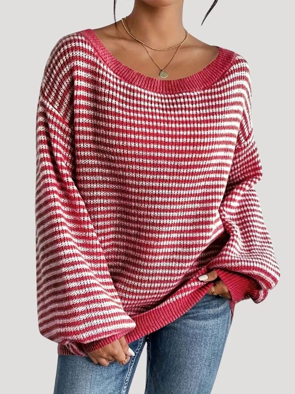Women's Oversized Striped Knitted Sweater Off Shoulder Long Sleeve Pullover for winter 2026 Fashion Casual Knitwear Tops